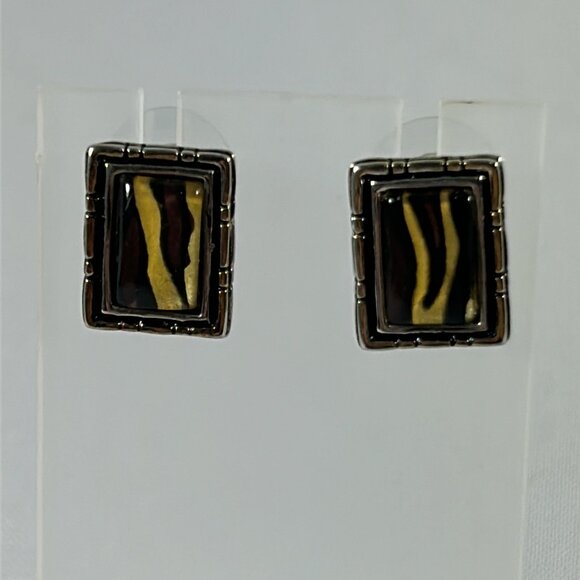 Faux Tigers Eye Silver Tone Border Rectangular Earrings .5" No Backs Classic - Picture 3 of 8